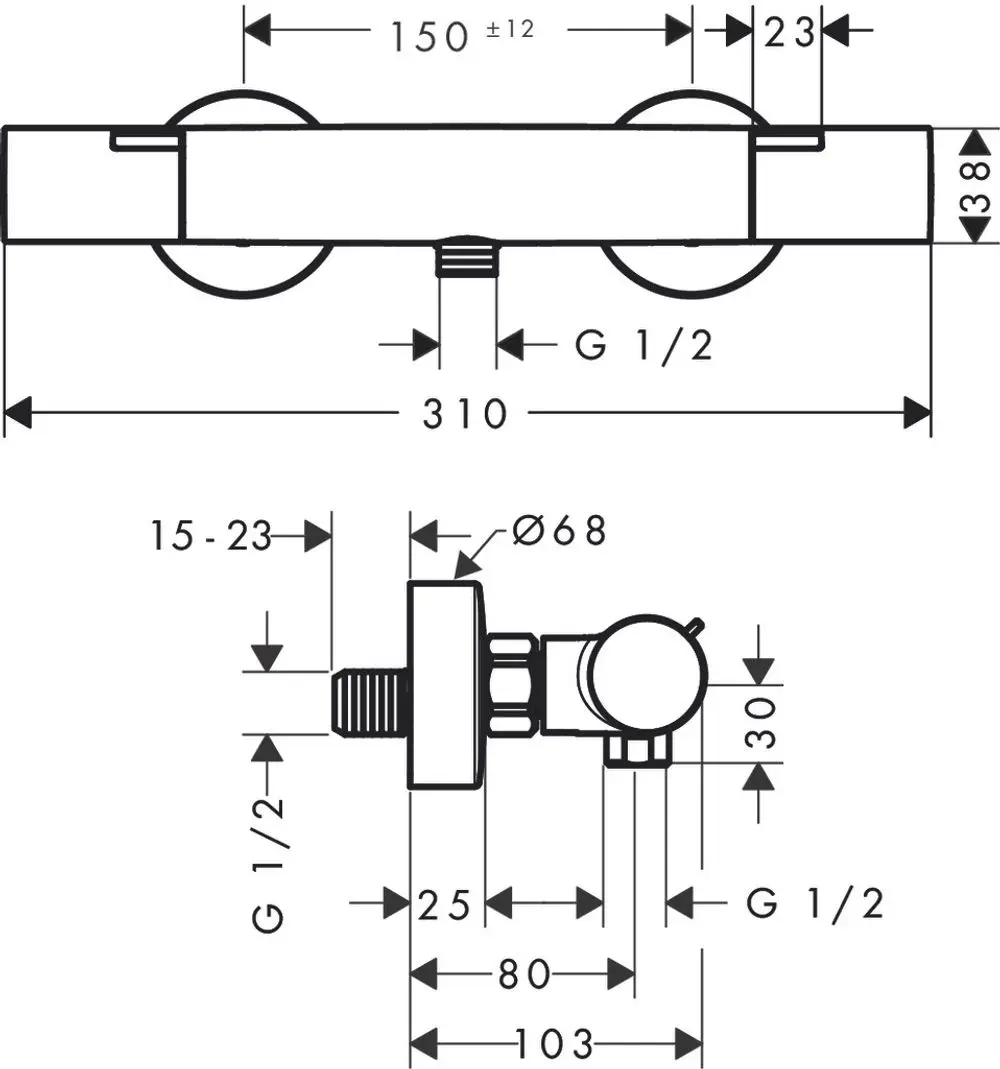 Thermostatische Mischbatterie für Brause von Hansgrohe, mit verschiedenen Anschlüssen und Abmessungen, schematische Darstellung und technische Maße im Plan.